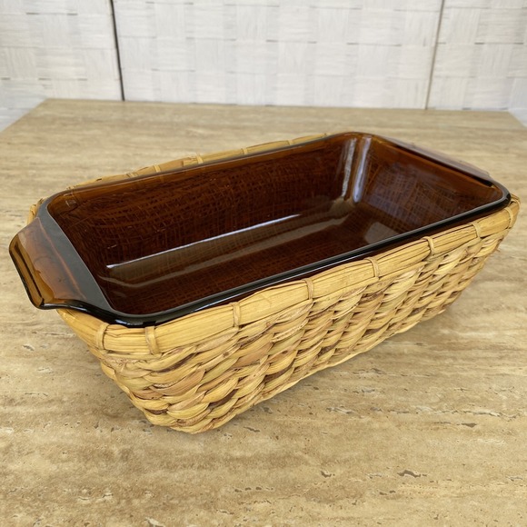 Anchor Hocking Other - Anchor Hocking Fire King Loaf Pan Amber Glass 1 Qt w/ Wicker Basket Vintage MCM